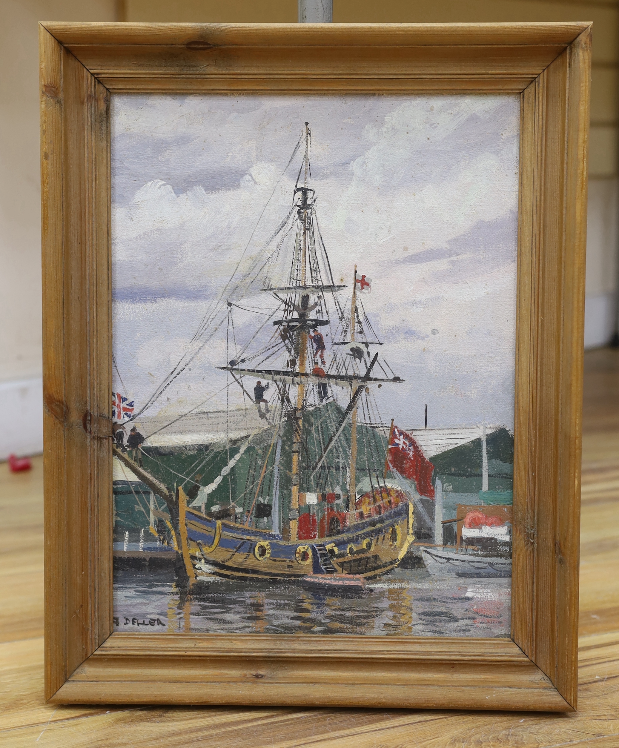 John Deller (Modern British), oil on board, Moored rigged boat, signed, 39 x 29cm